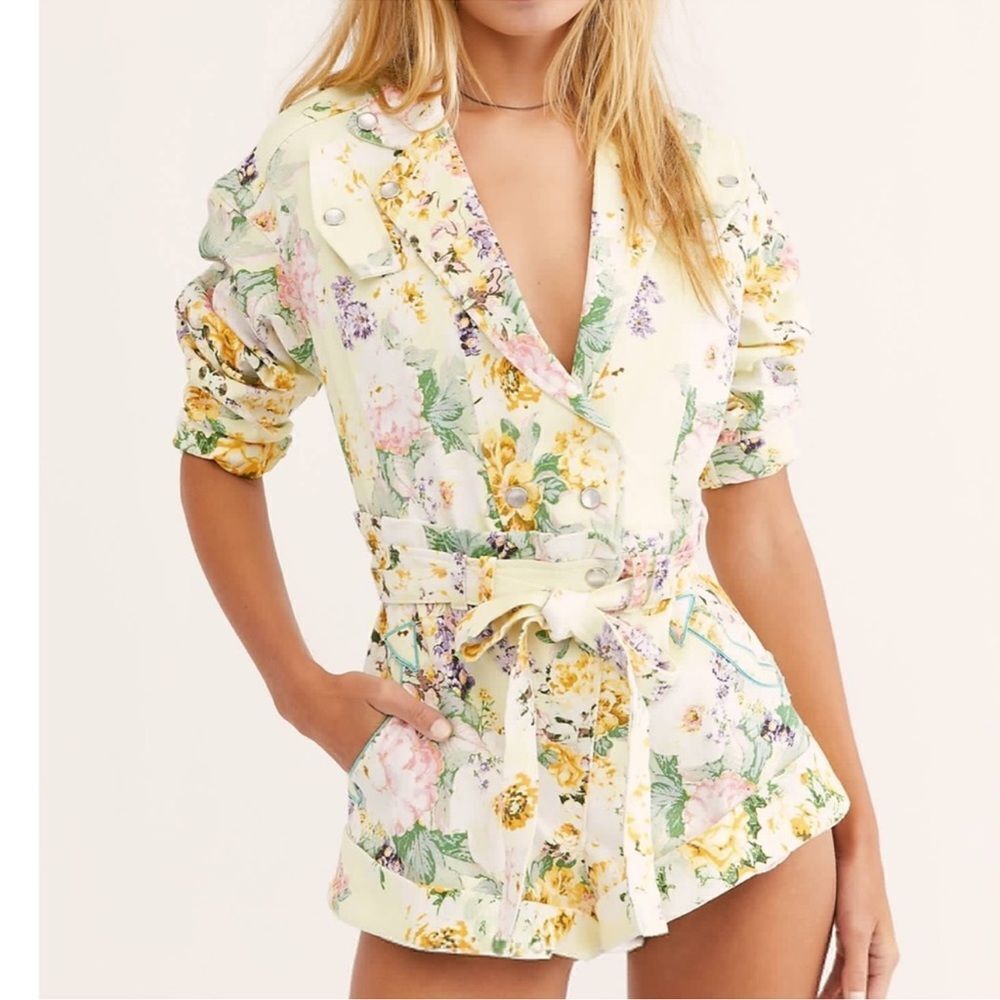 For Love And Lemons Yellow Floral Satin Romper
